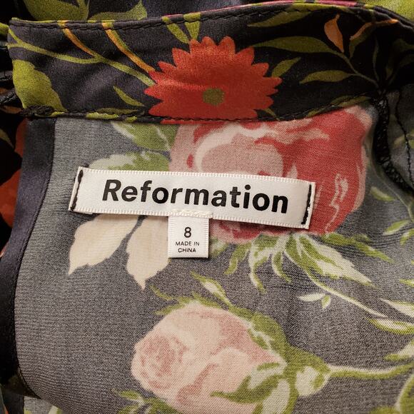 Reformation Julius Silk Dress Black Floral Print Long Sleeve Midi Length Size 8 - Picture 11 of 13